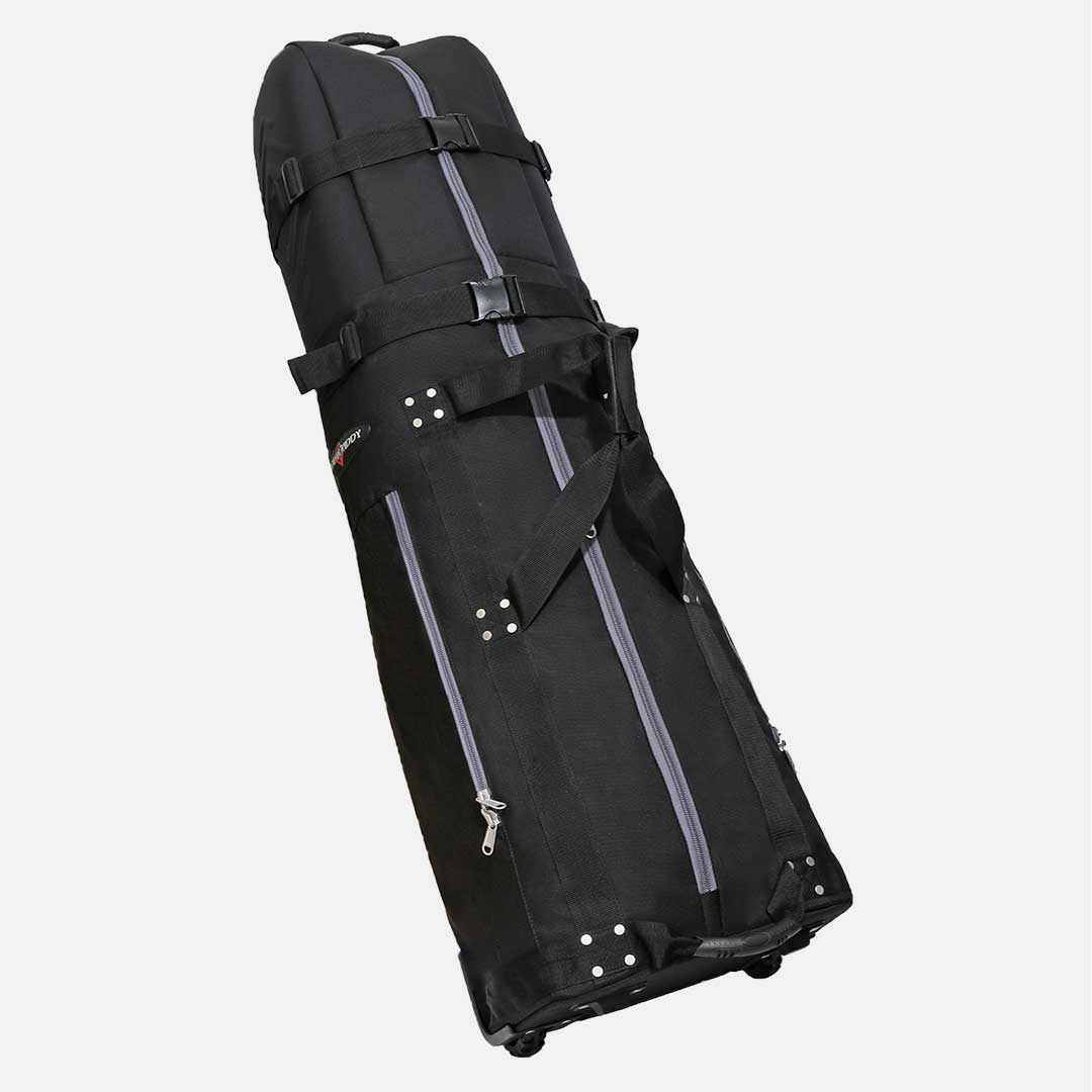 Black golf bag with silver zippers on a white background