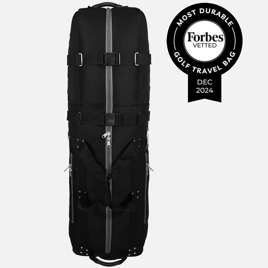 Black golf travel bag with 'Forbes Vented' certification badge on a white background