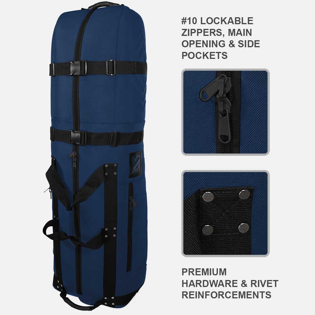 Blue travel bag with black zippers and hardware on a white background