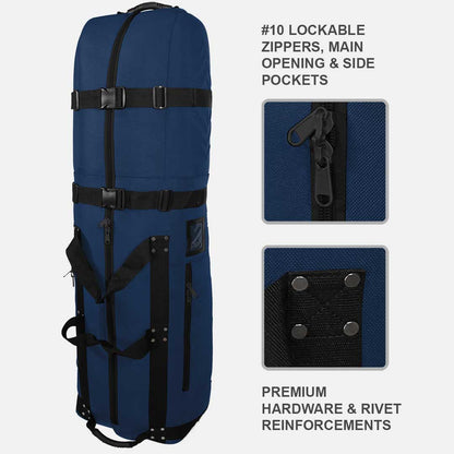 Blue travel bag with black zippers and hardware on a white background