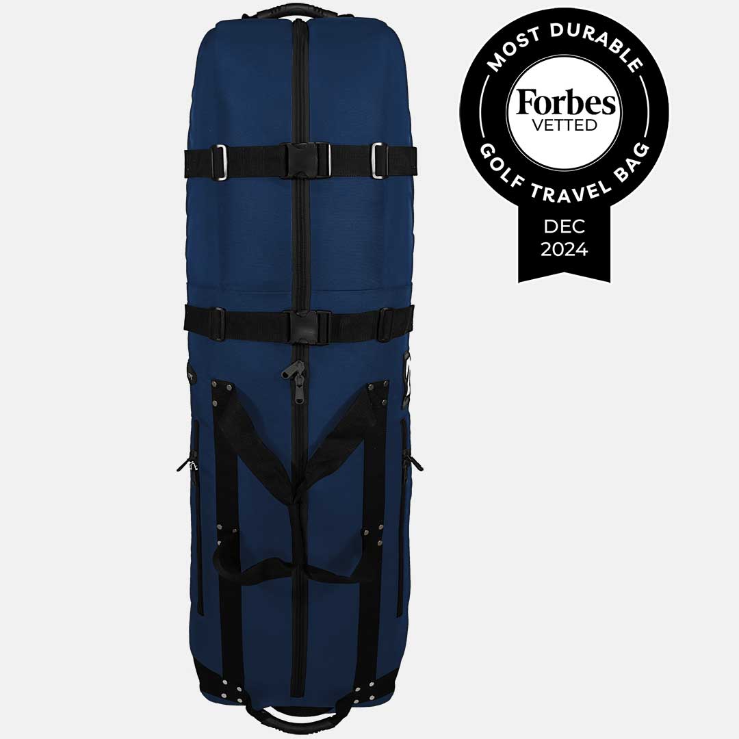 Blue golf travel bag with black straps on a white background, featuring Forbes Vetted badge.