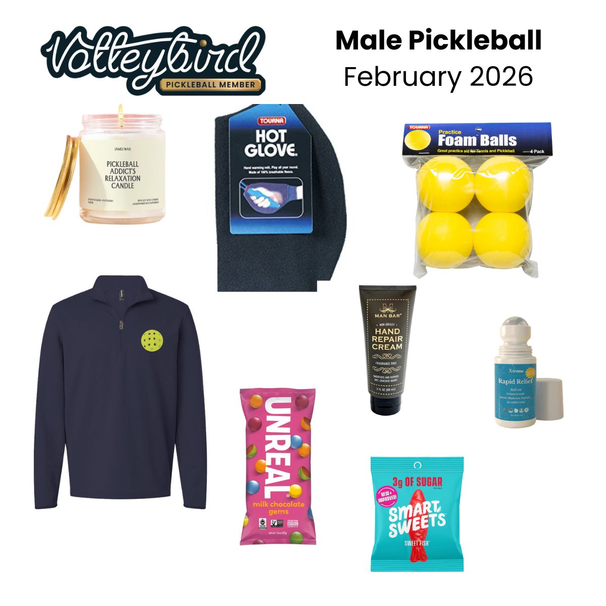 Contents of the February men's Pickleball Box — apparel, accessories, and gear laid out
