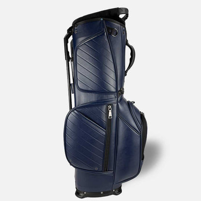 Navy blue golf bag with black accents on a white background