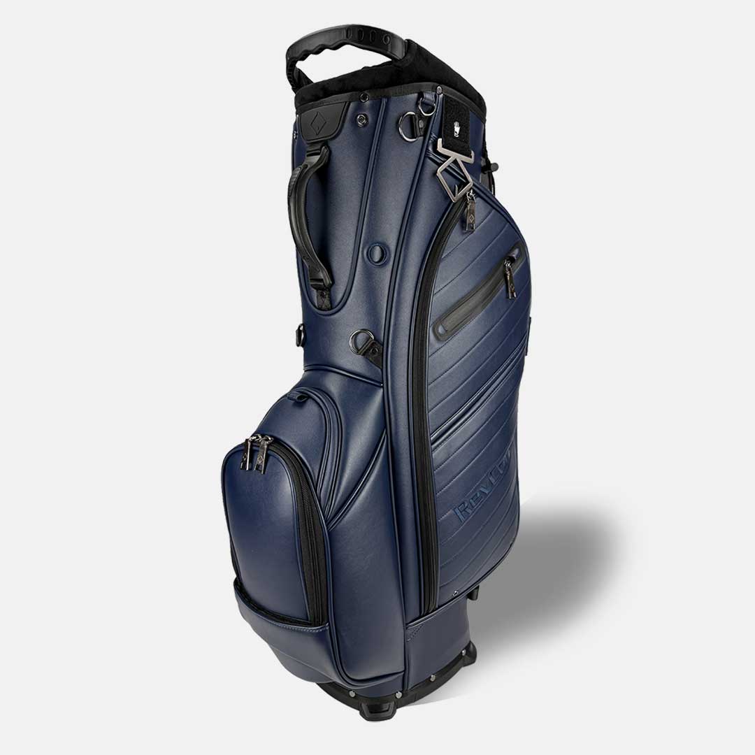 Blue golf bag with black accents on a white background