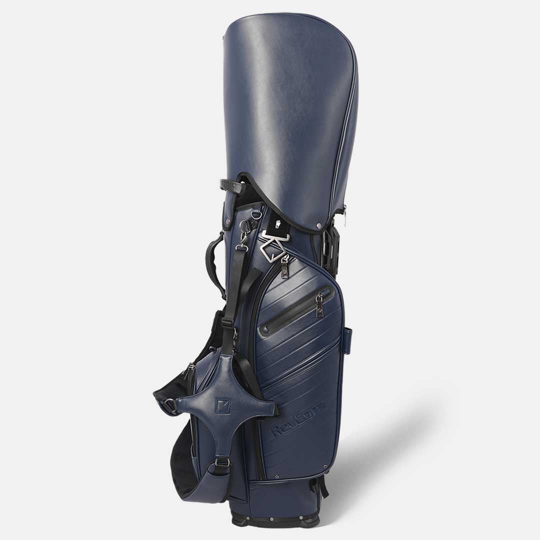 Navy blue golf bag with black accents on a white background