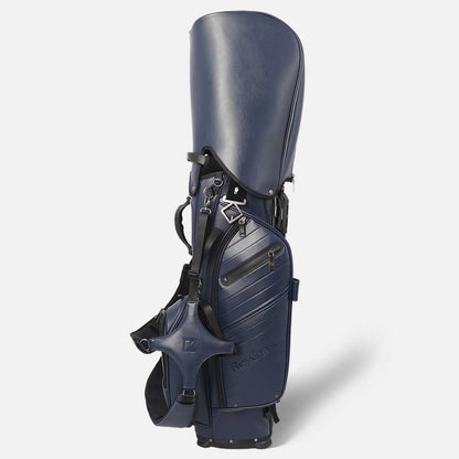 Navy blue golf bag with black accents on a white background