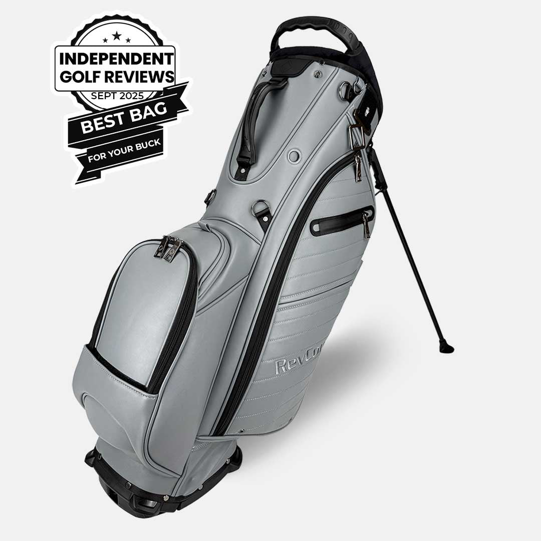 Gray golf bag with black accents on a white background, featuring an 'Independent Golf Reviews' best bag award.
