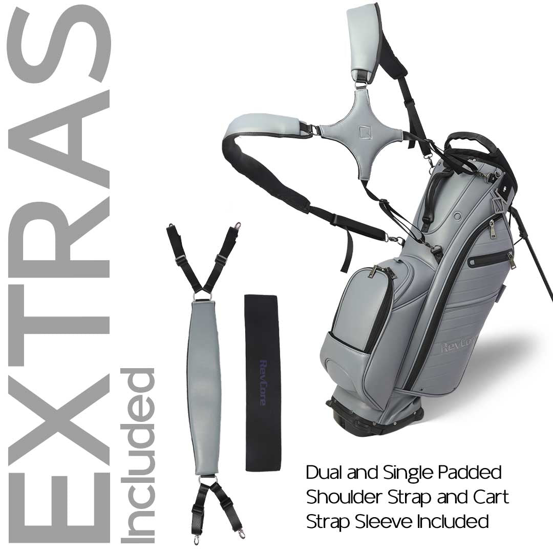 Gray golf bag with shoulder strap and cart strap sleeve on a white background