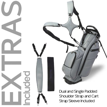Gray golf bag with shoulder strap and cart strap sleeve on a white background