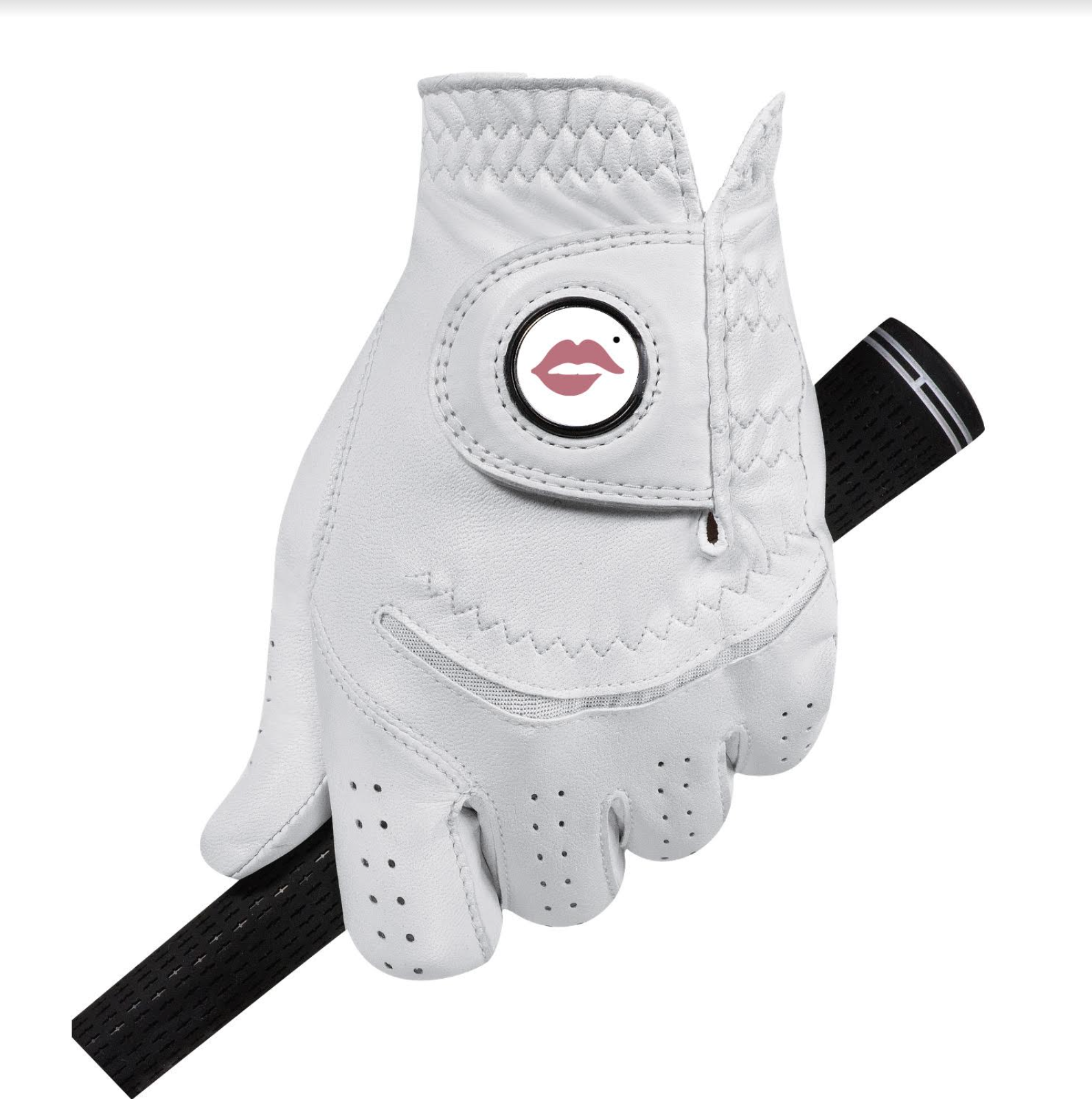 White golf glove with a logo on a white background
