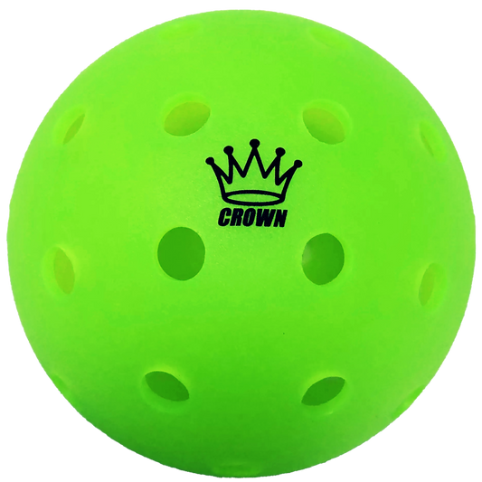 Green pickleball with 'Crown' logo on a white background