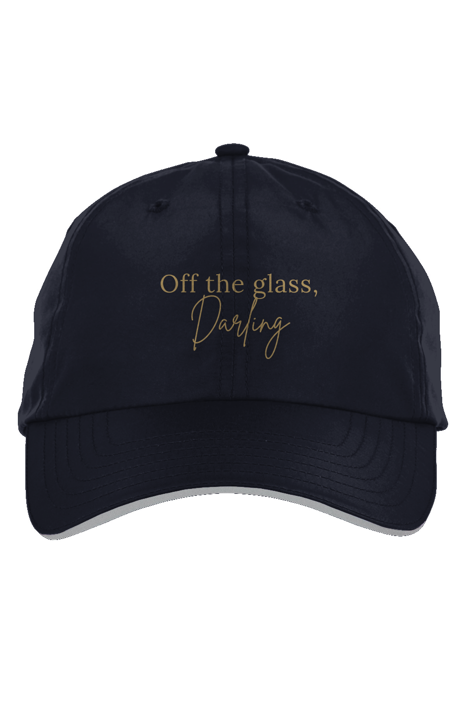  navy hat says off the glass