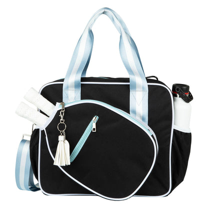 Black duffel bag with white and light blue accents on a white background