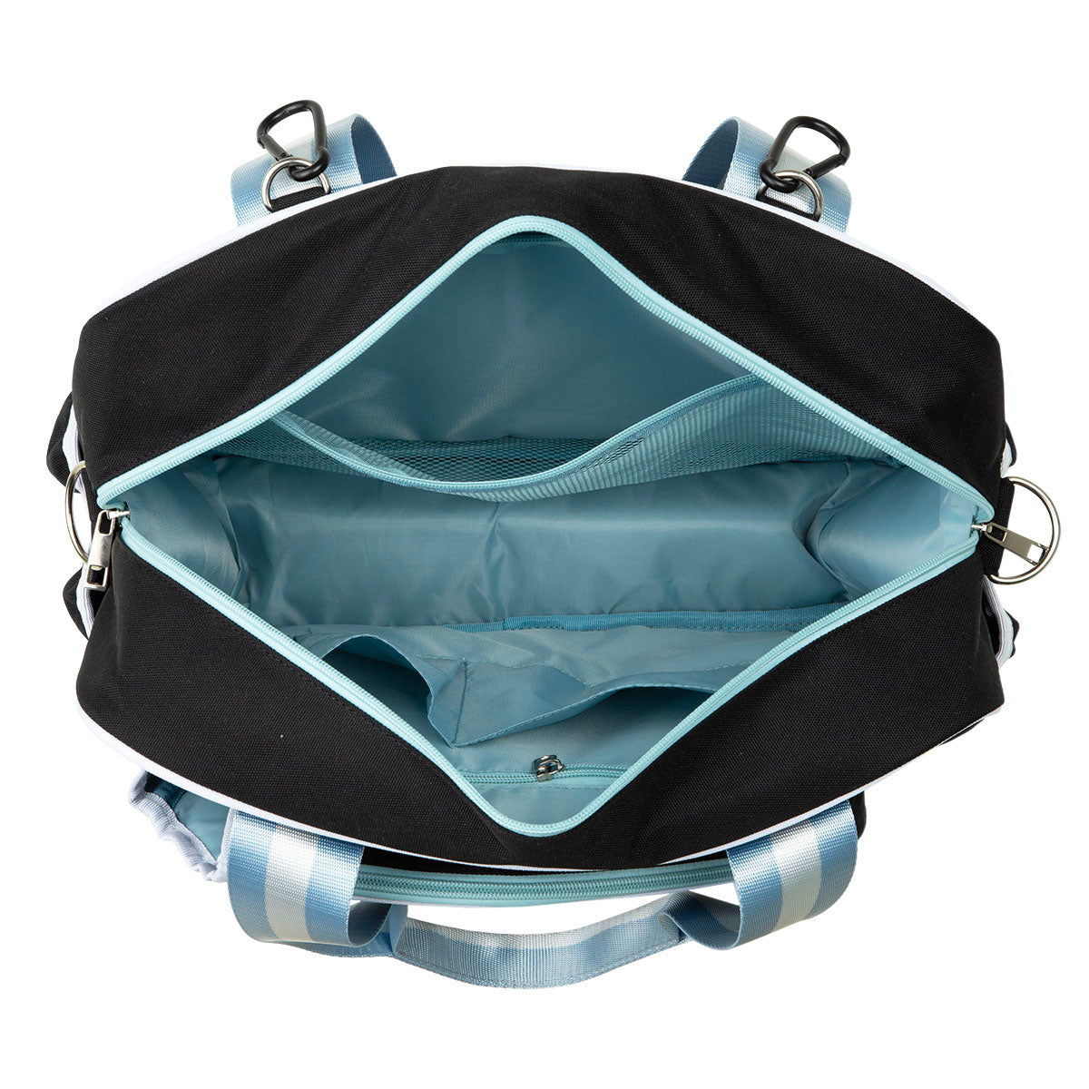 Black and light blue bag with open front compartment on a white background