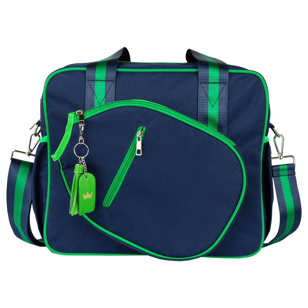 Navy blue bag with green accents and matching keychain on a white background