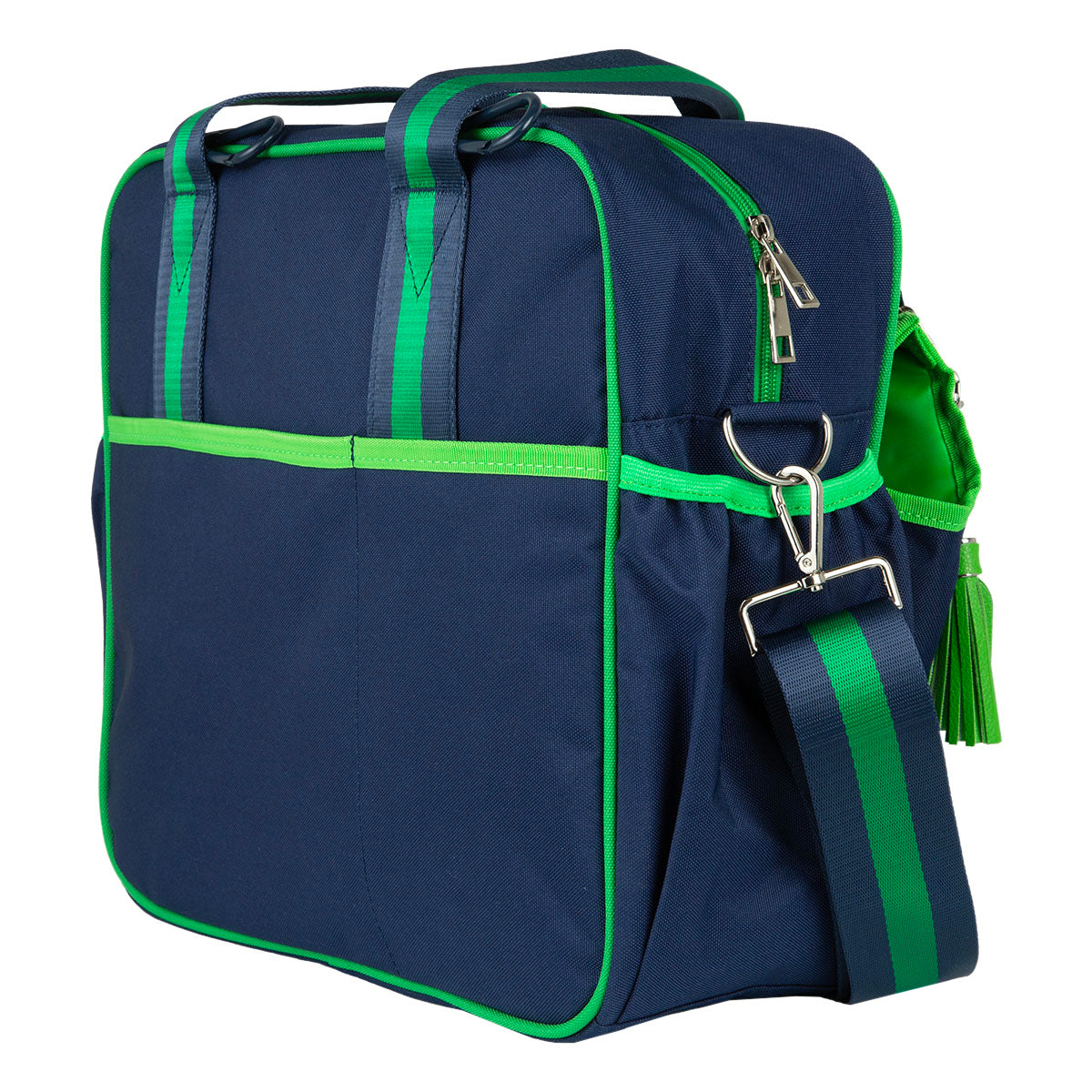 Navy blue backpack with green accents on a white background