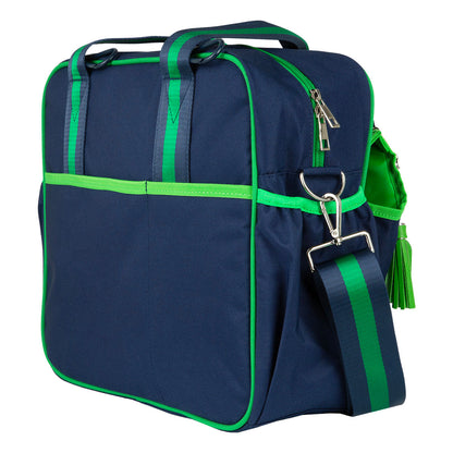 Navy blue backpack with green accents on a white background