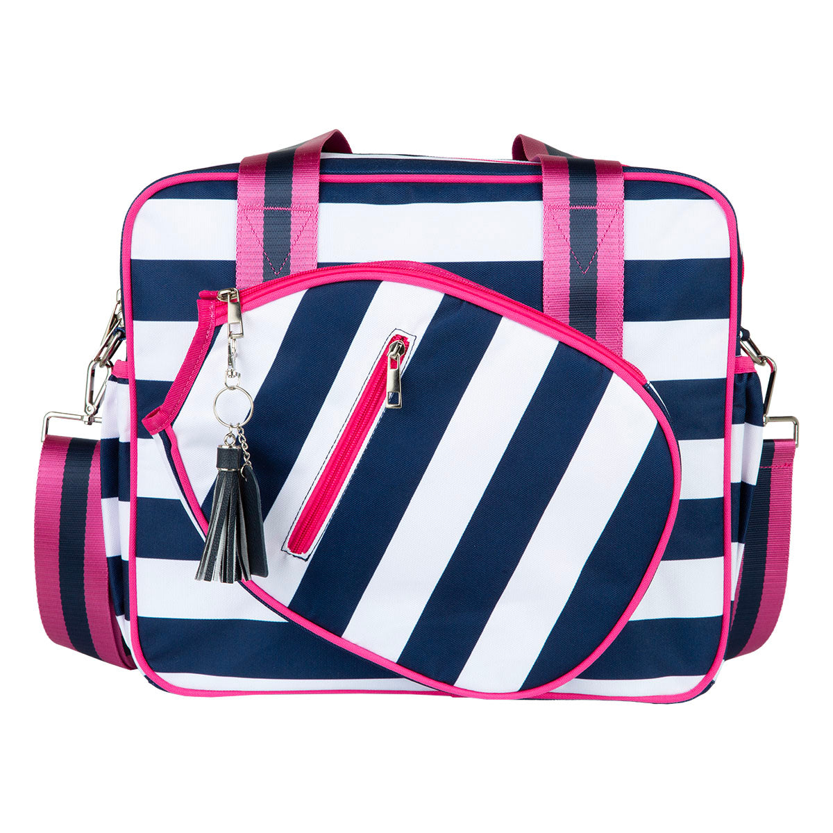 Navy and white striped bag with pink accents on a white background