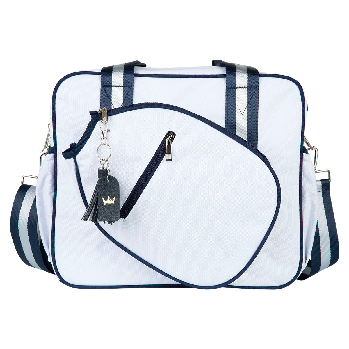 White and navy striped bag with a keychain on a white background