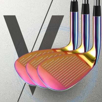 Colorful golf club heads on a textured gray background