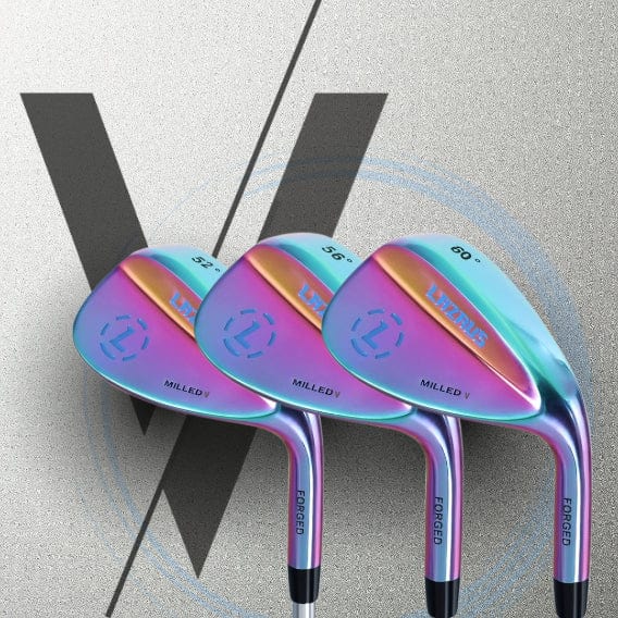 Three golf club heads with a colorful design on a gray background