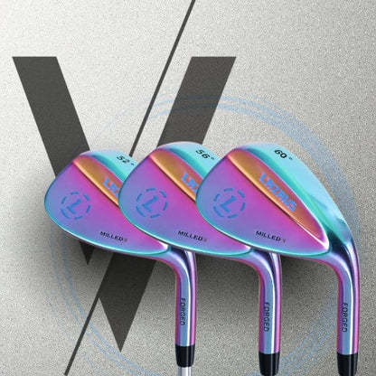 Three golf club heads with a colorful design on a gray background