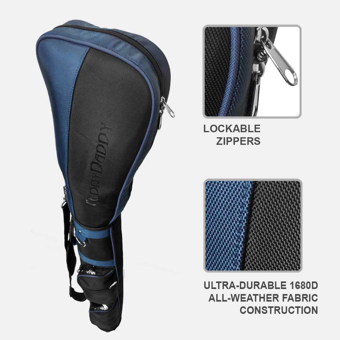 Blue and black golf club head cover with lockable zippers and ultra-durable fabric on a white background.