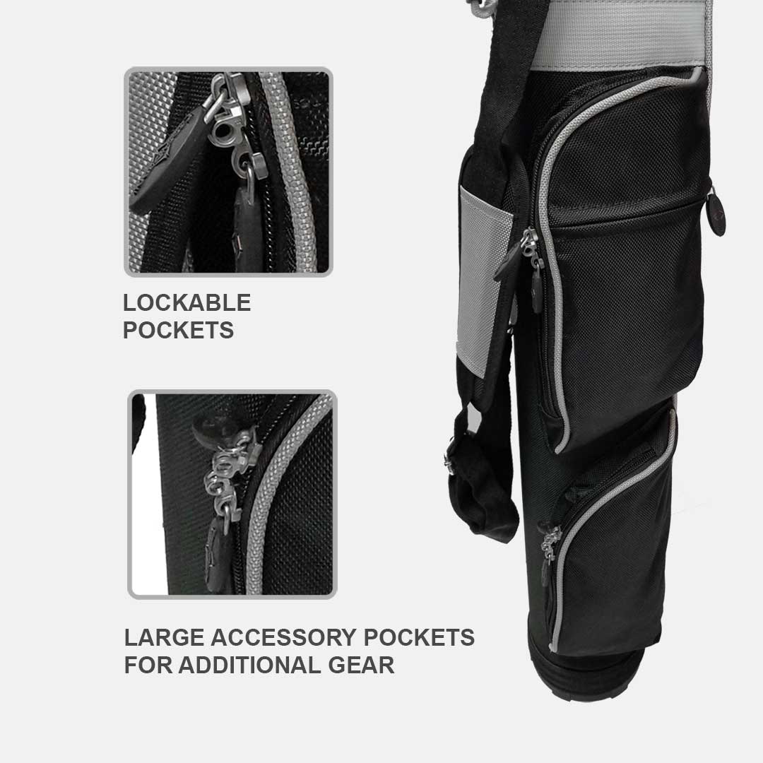 Black and gray pants with lockable pockets and large accessory pockets on a white background