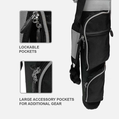 Black and gray pants with lockable pockets and large accessory pockets on a white background