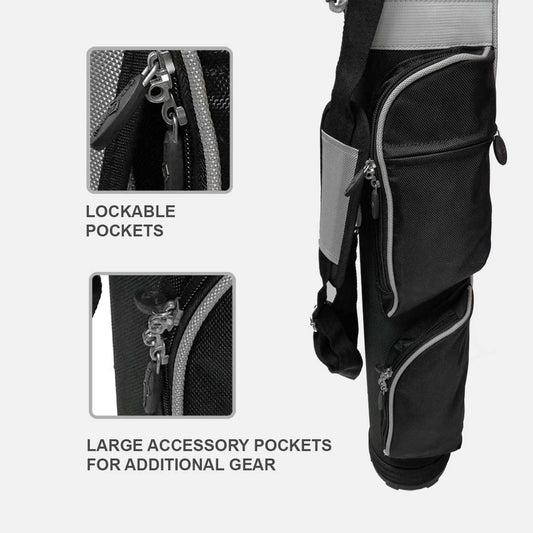 Black and gray pants with lockable pockets and large accessory pockets on a white background