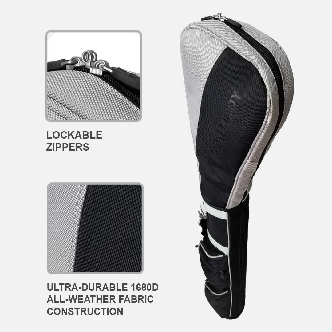 Golf club head cover with lockable zippers and ultra-durable fabric on a white background