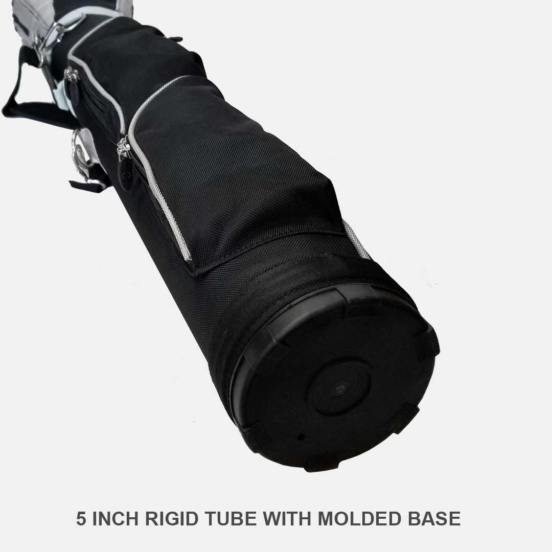 Black golf club with a 5 inch rigid tube and molded base on a white background
