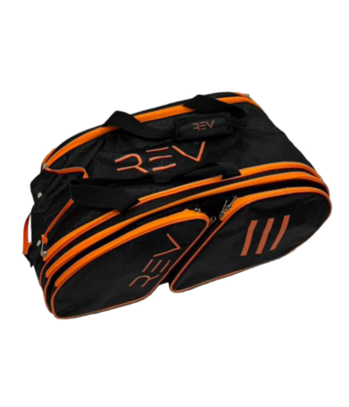 Black and orange sports bag with 'REV' branding on a white background