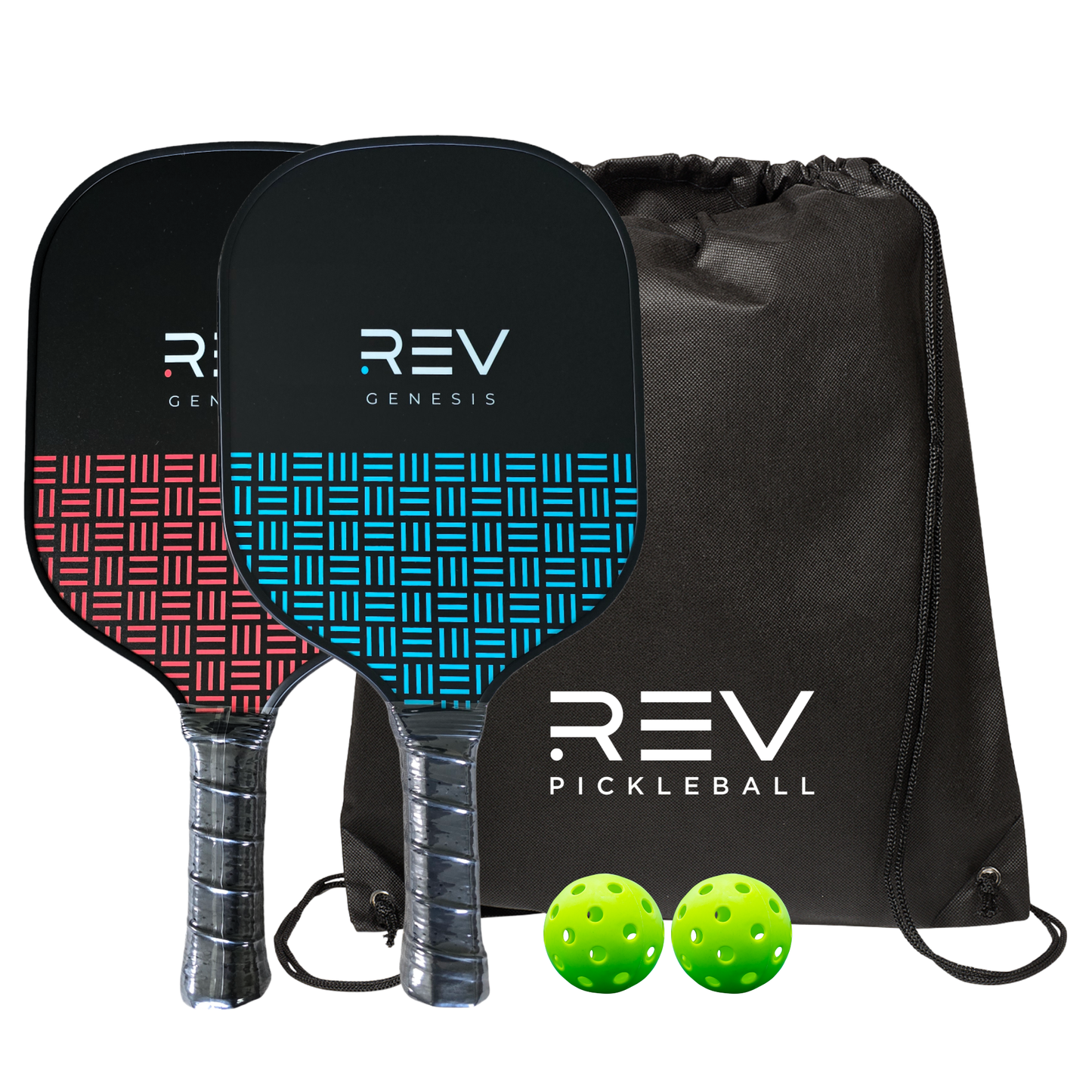 Two pickleball paddles with patterned faces, two green pickleballs, and a black drawstring bag with 'REV' branding on a white background.