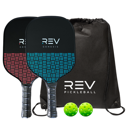 Two pickleball paddles with patterned faces, two green pickleballs, and a black drawstring bag with 'REV' branding on a white background.