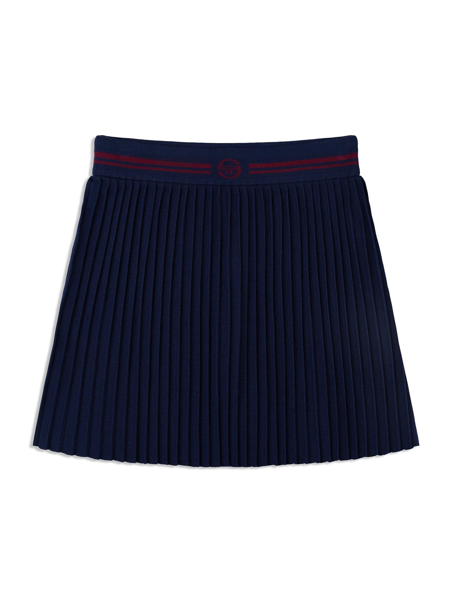 Navy pleated tennis skirt with red waistband on a white background
