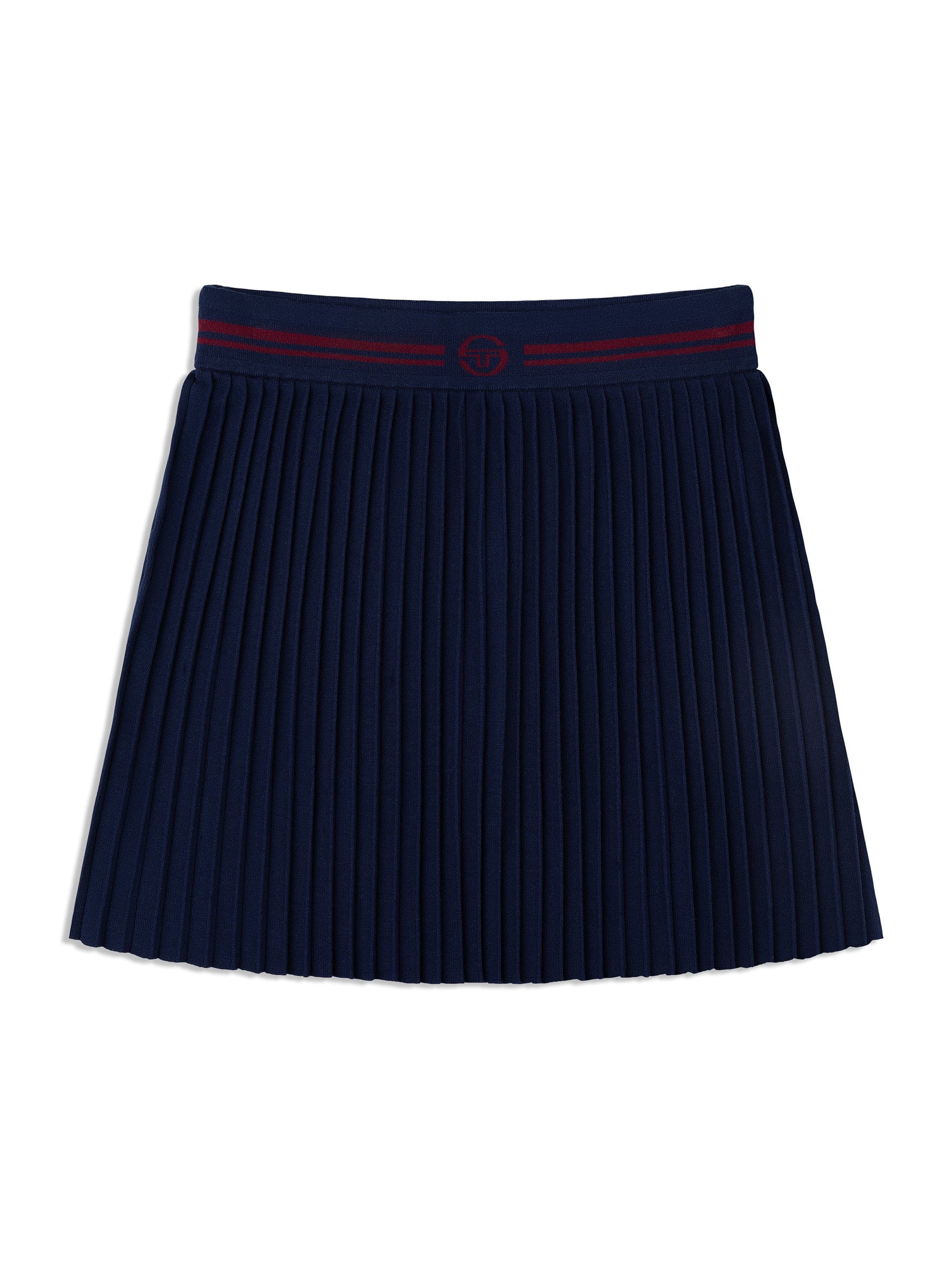 Navy pleated tennis skirt with red waistband on a white background