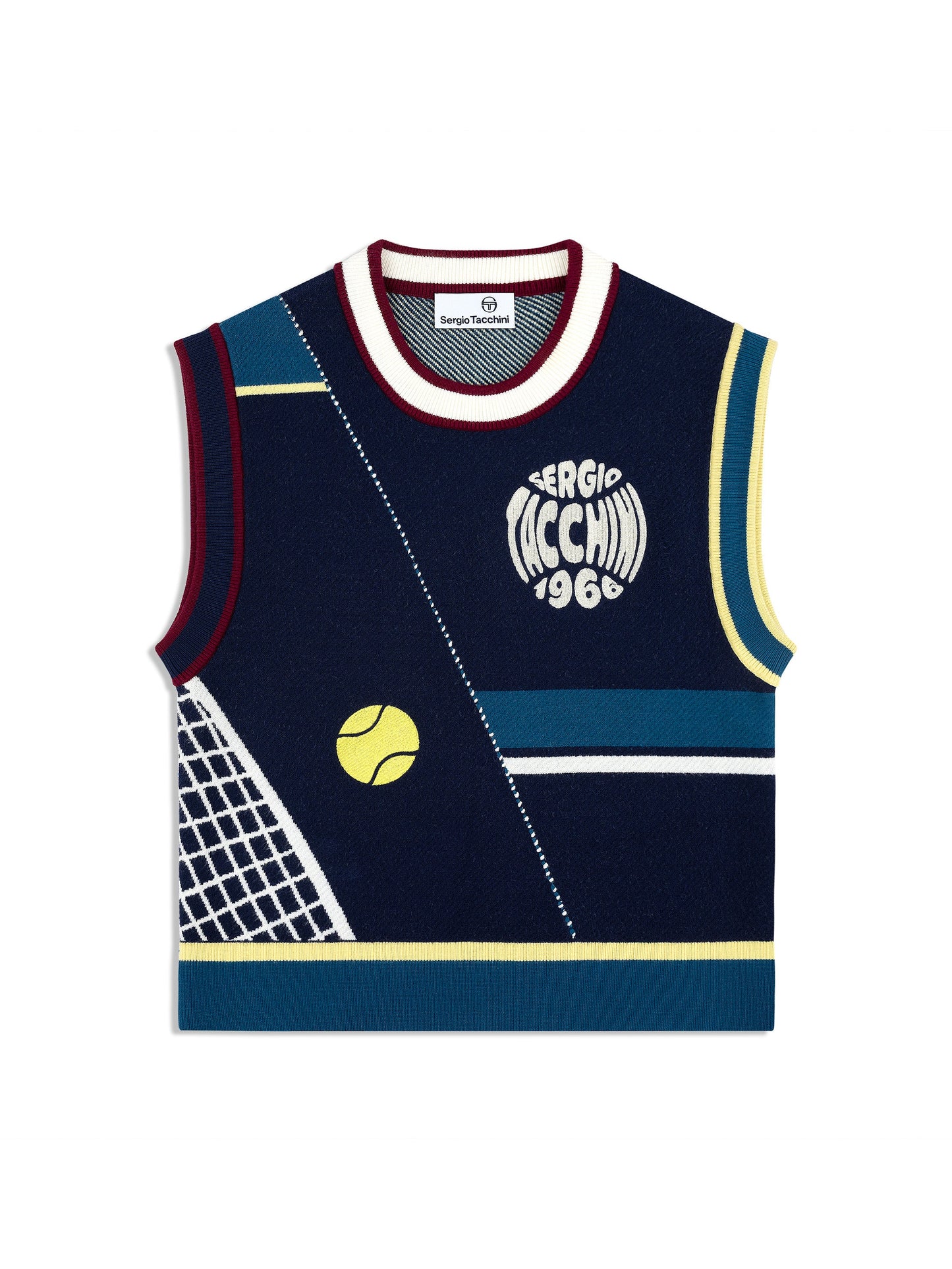 Navy sleeveless jersey with tennis ball and text design on a white background