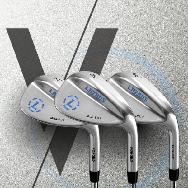 Three golf club heads with 'Lazaus' branding on a gray background