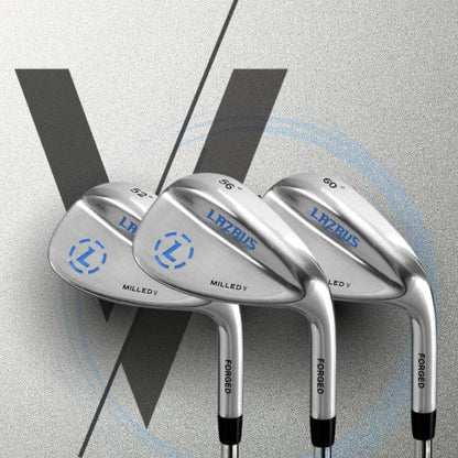Three golf club heads with 'Lazaus' branding on a gray background