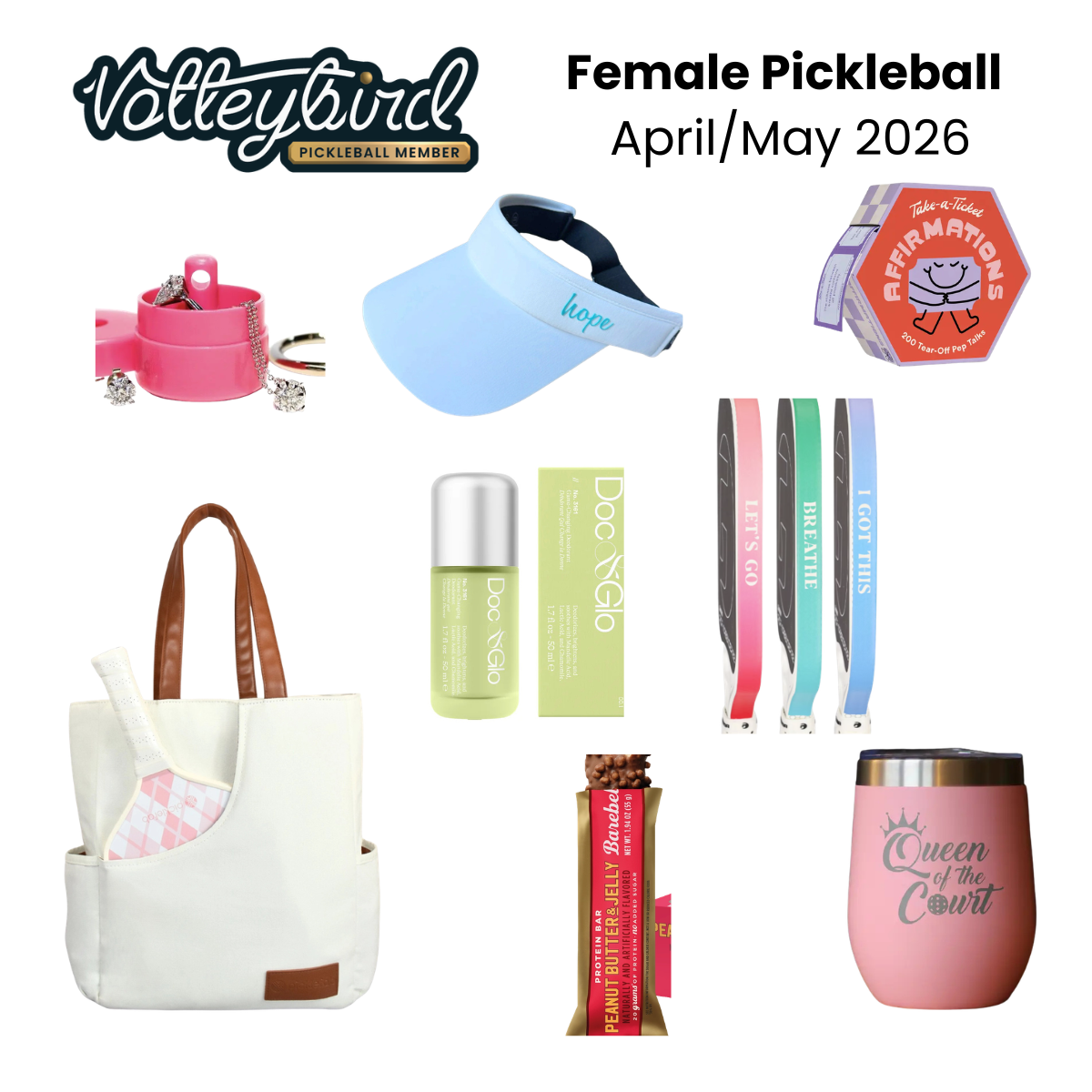 Contents of the spring women's Pickleball Box — apparel, accessories, and gear laid out