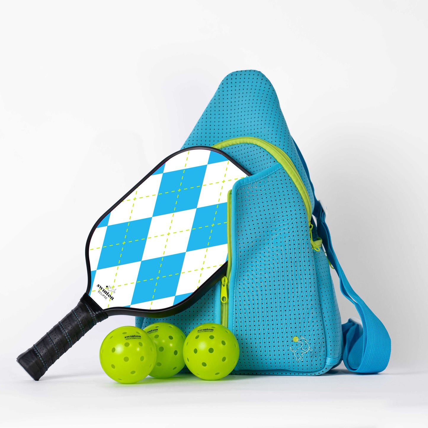 Blue pickleball bag with paddle and balls on a white background