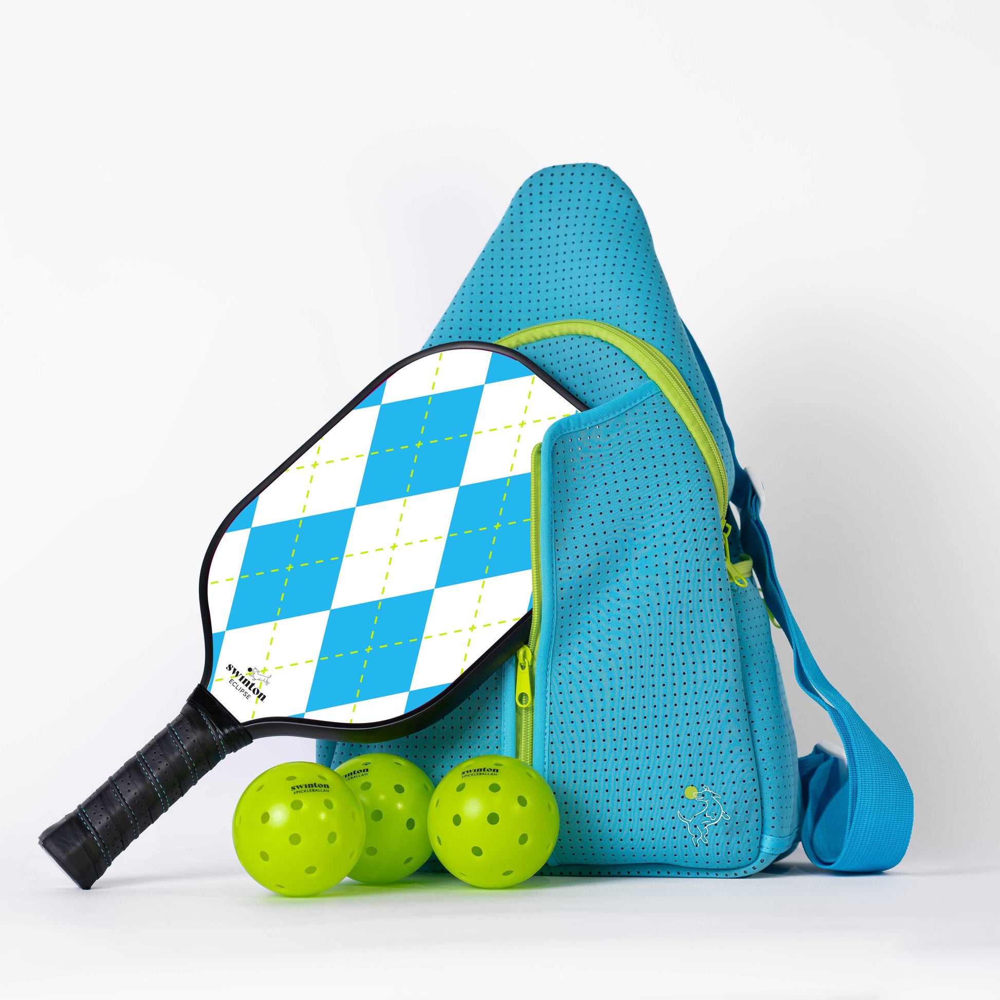 Blue pickleball bag with paddle and balls on a white background