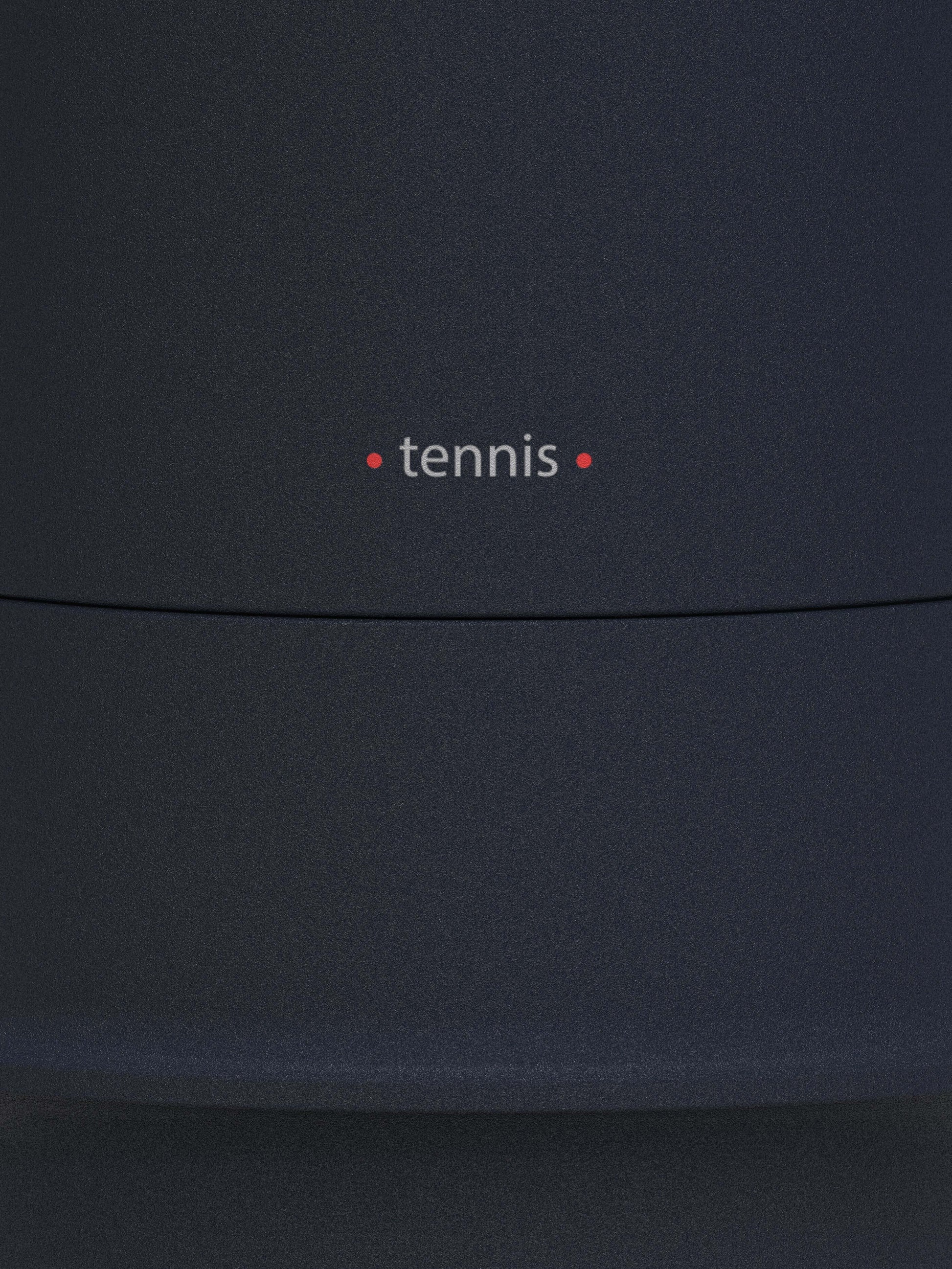 Dark blue fabric with 'tennis' embroidered on a black background