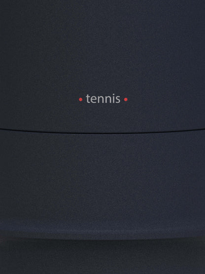 Dark blue fabric with 'tennis' embroidered on a black background