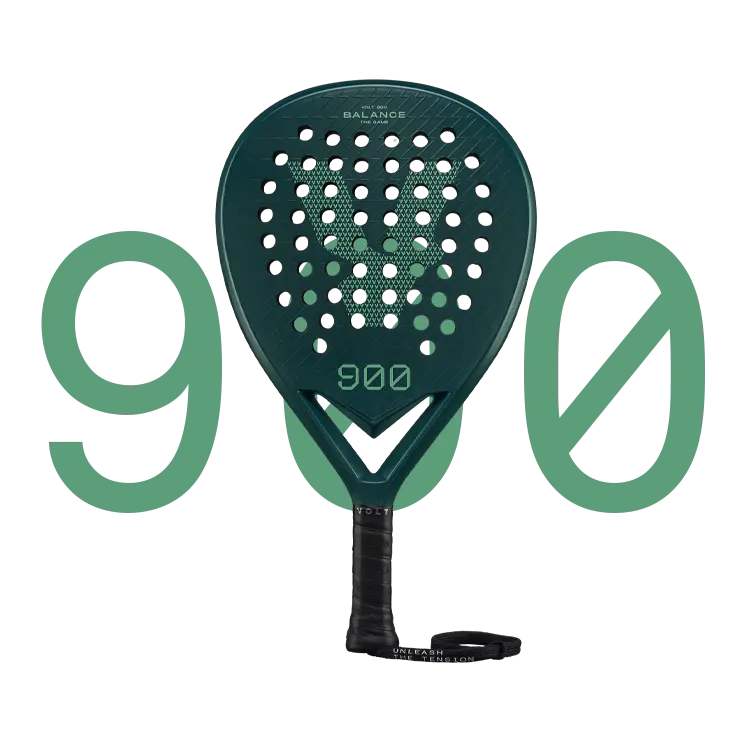 Green tennis racket with '900' branding on a white background