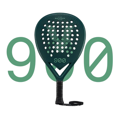 Green tennis racket with '900' branding on a white background