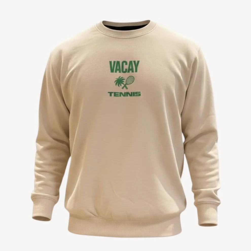 Beige sweatshirt with green text and tennis racket graphic on a white background