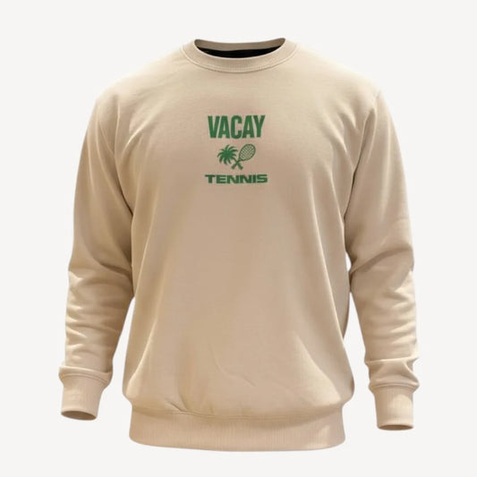 Beige sweatshirt with green text and tennis racket graphic on a white background