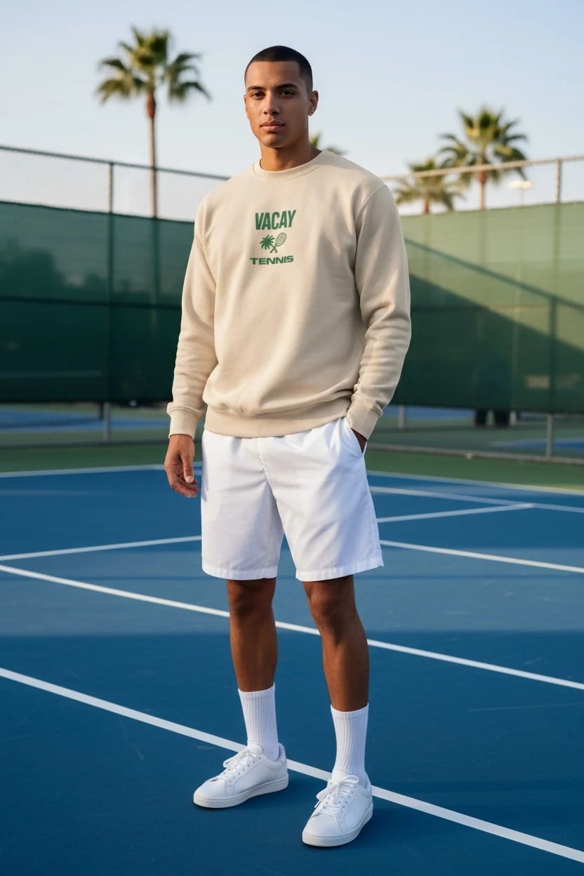 Vacay Tennis Club Crew Unisex Sweatshirt Sand w/ Deep Green Print